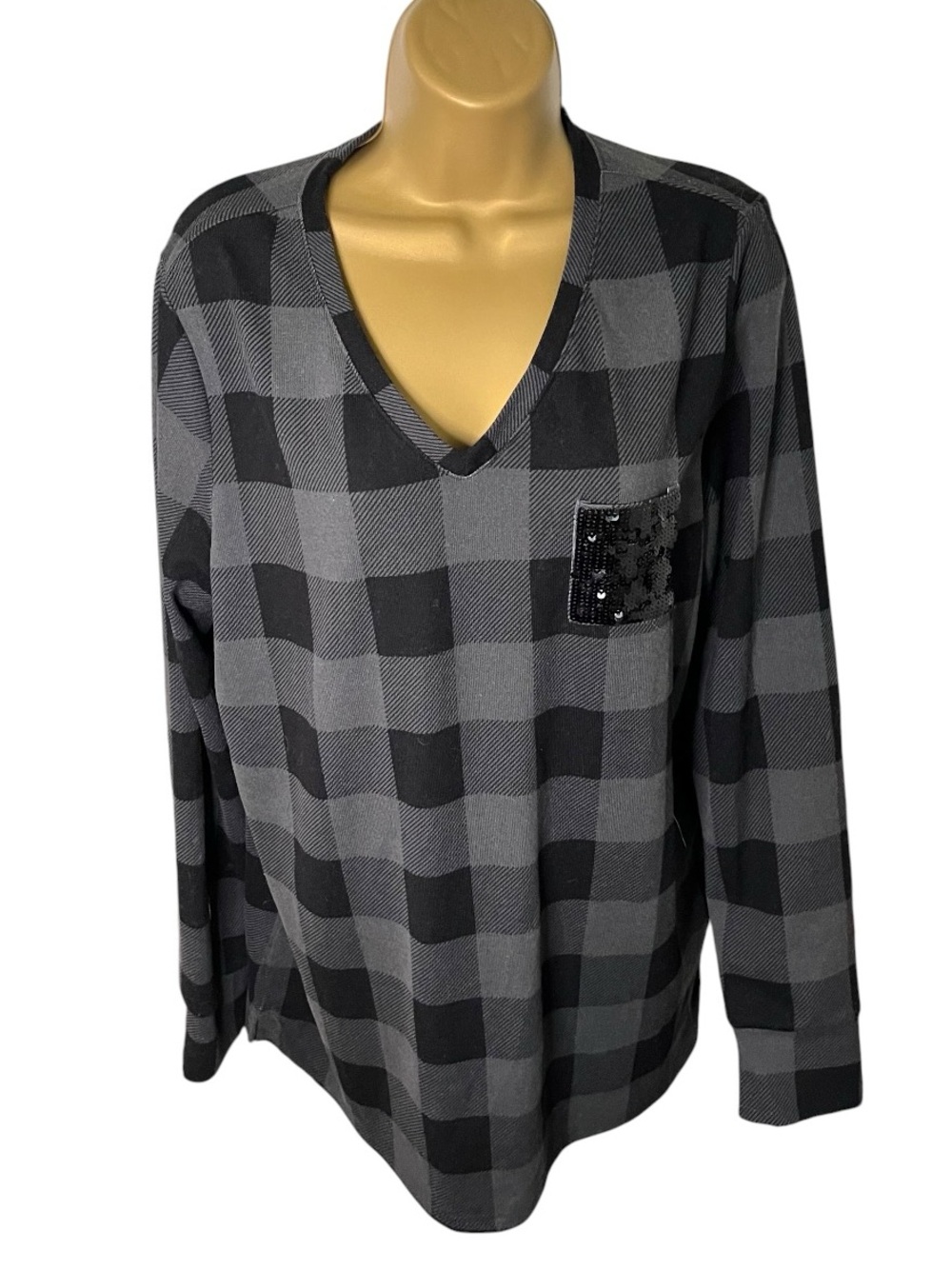 Quacker Factory Buffalo Plaid V-Neck Tunic Sequin Pocket Gray Black M
